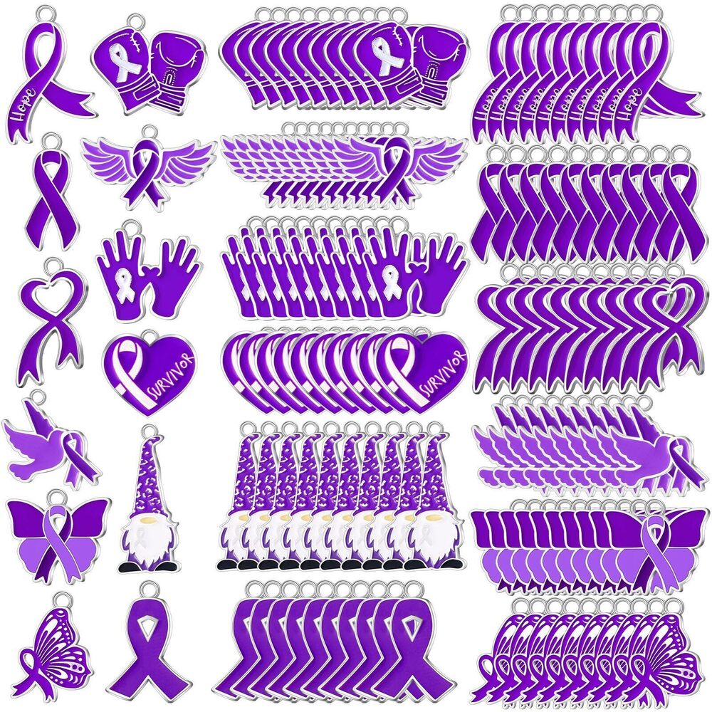 6927 120 Pcs Purple Ribbon Awareness Charms Alzheimers Pancreatic Cancer